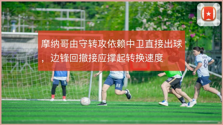 摩纳哥由守转攻依赖中卫直接出球，边锋回撤接应撑起转换速度